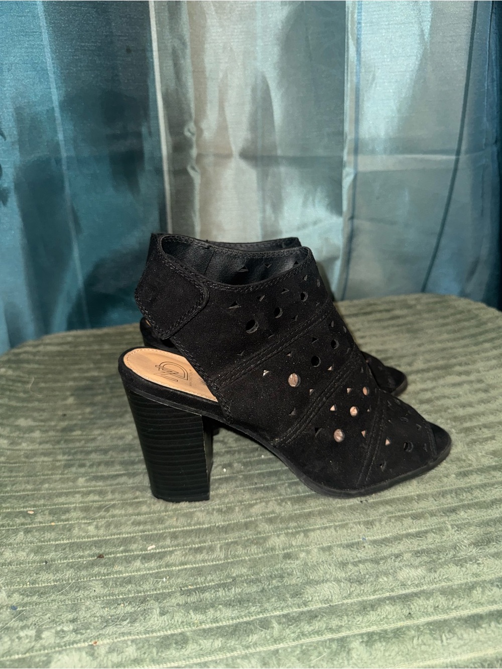 new directions Black Perforated Suede Peep-Toe Block Heel Sandals